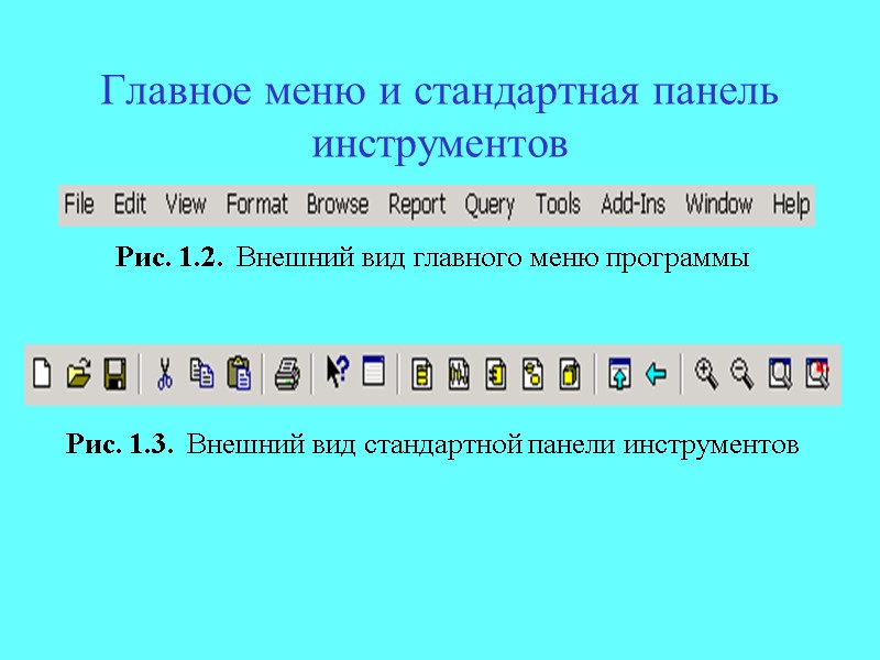Главное меню и стандартная панель инструментов Рис. 1.2.  Внешний вид главного меню программы